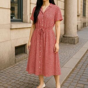 Talbots 18W Button Front Shirt Dress S/S Elastic Tie Waist Collared Red White